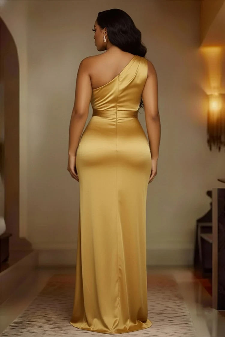 One Shoulder Keyhole Neck Sleeveless Party Maxi Dresses-Gold [Pre Order]