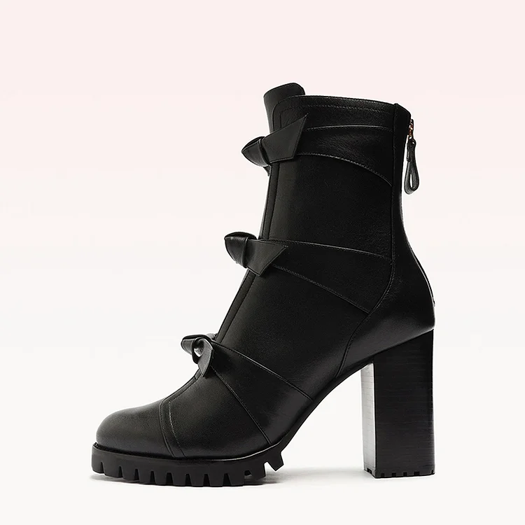 Black Chunky Heel Ankle Booties with Bow Platform Shoes Vdcoo