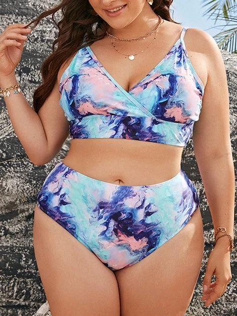 Plus Size Tie Dye High Waist Sexy Smudge Print Push Up Sling Bikini Set
