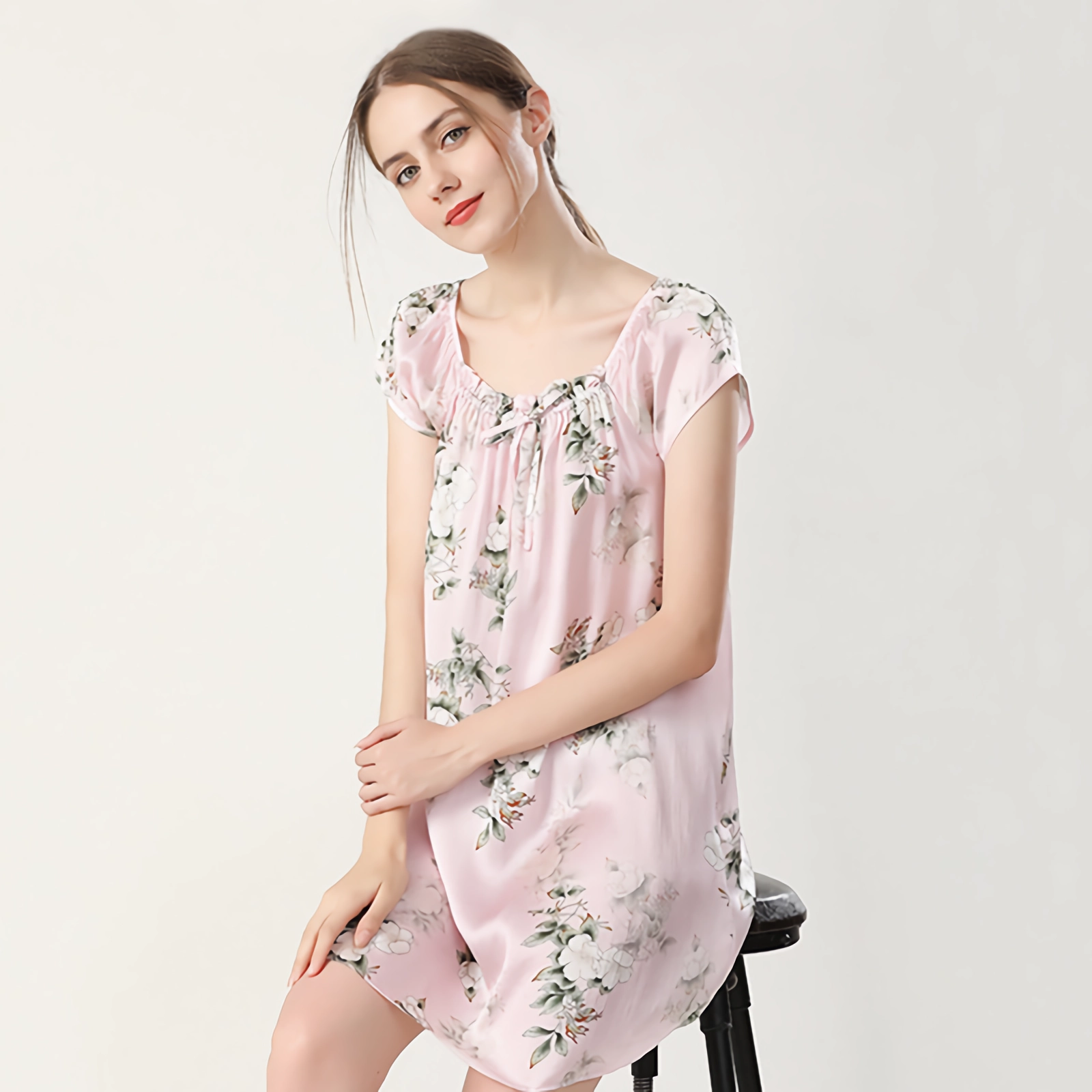 19 Momme Floral Print Women's Silk Nightgown With Short Sleeves REAL SILK LIFE