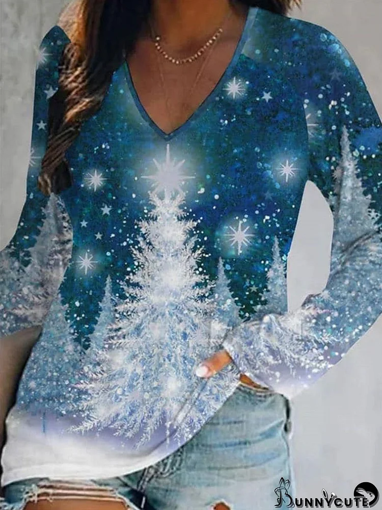 Women Long Sleeve V-neck Printed Graphic Christmas Tops