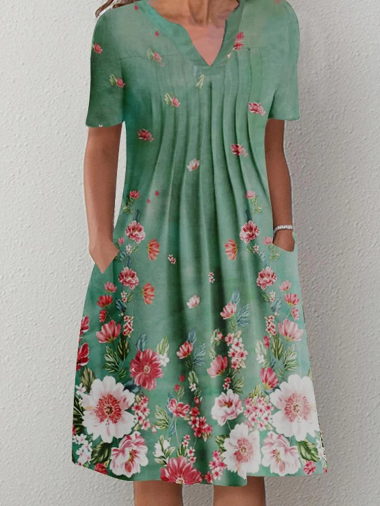 Casual green printed floral V-neck mid-length dress