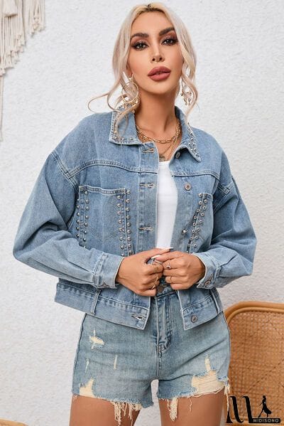 MidiSono - Studded Pocketed Button Up Denim Jacket