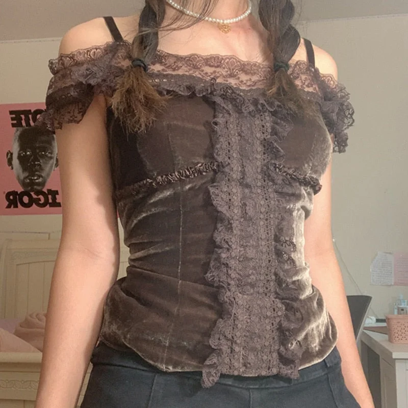 Graduation Gifts  Vintage Fairycore Brown Bustier  Off Shoulder Ruffles Lace Crop Top Corset Women T-shirt Y2K Goth Grunge Clothes