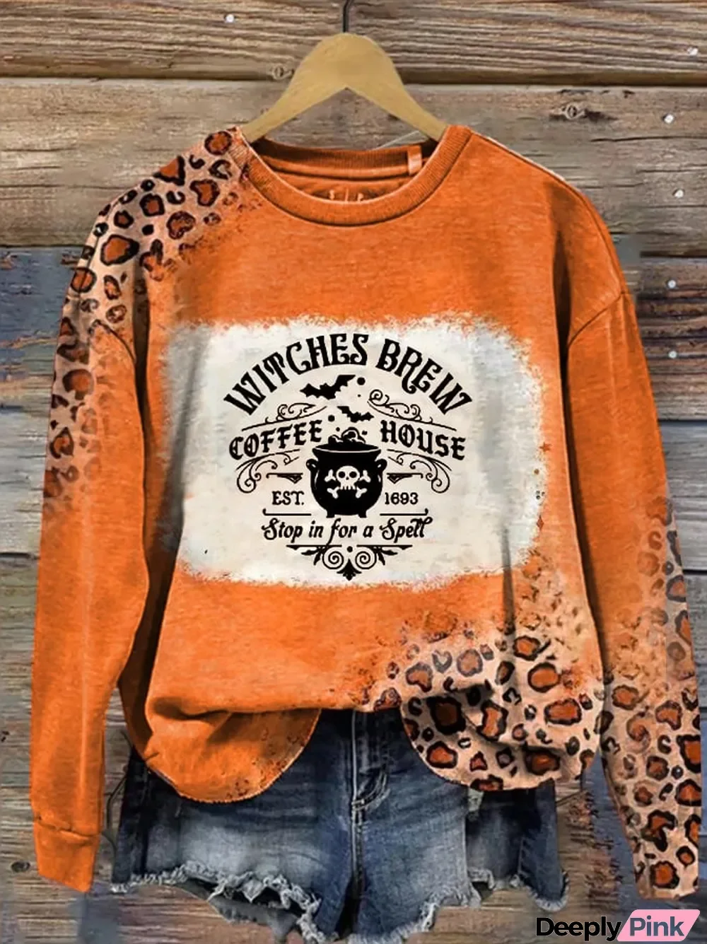 Women's Halloween Witches Brew Coffee House Round Neck Long Sleeve Sweatshirt