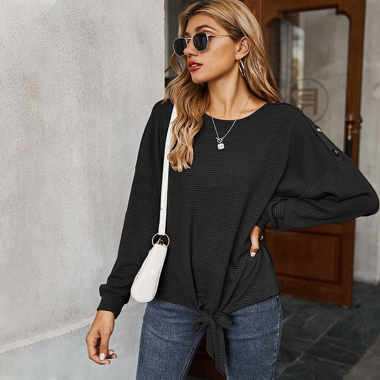 Sale Women T-shirt Casual Solid Long Sleeve Pullover Tie Knot Tops Tee Female Clothing O Neck Basic Tshirt Ladies Top Blusas D30 - BlackFridayBuys