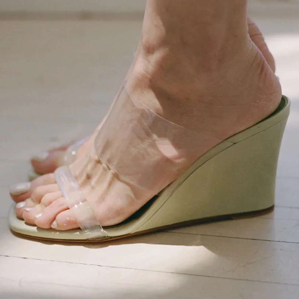 Women's Square Toe Wedge Heel Clear Strap Mules Shoes in Light Green