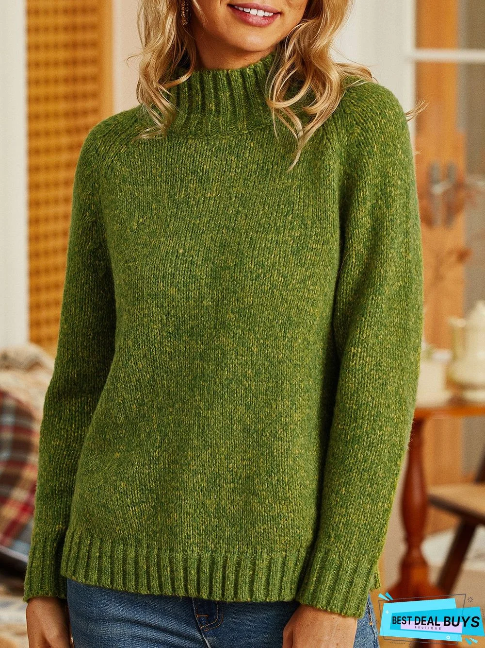 Green Turtleneck Casual Sweater