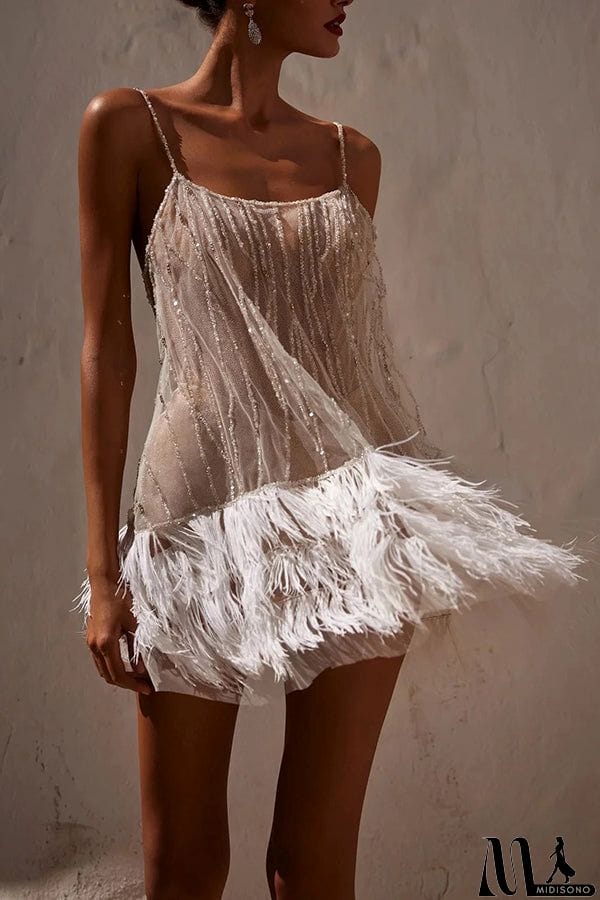 MidiSono - Fairy Lights Sequin Layered Feather Fringed Mesh Mini Dress