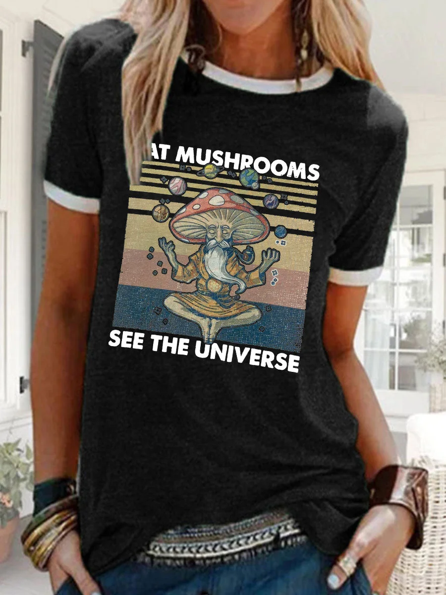 Eat Mushrooms See the Universe Color Block Sleeve T-shirt