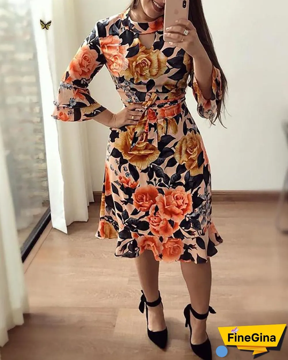 Floral Print Cutout Ruffles Flared Sleeve Casual Dress P11845
