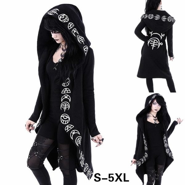 Women Fashion Gothic Coat Fashion Style  Punk Long Sleeve Black Hoodies Witch Moon Print Loose Hood Casual Thin Sweatshirt - Shop Trendy Women's Fashion | TeeYours