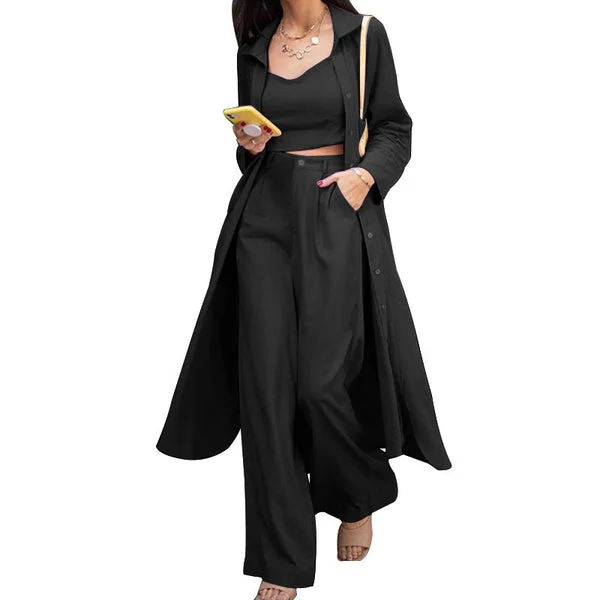 Spaghetti Strap Crop Tops Wide Leg Pants And Duster Shirts Outerwear 3 Pieces Set