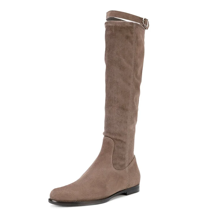 Taupe Tall Boots Round Toe Vegan Suede Flat Knee Boots |FSJ Shoes