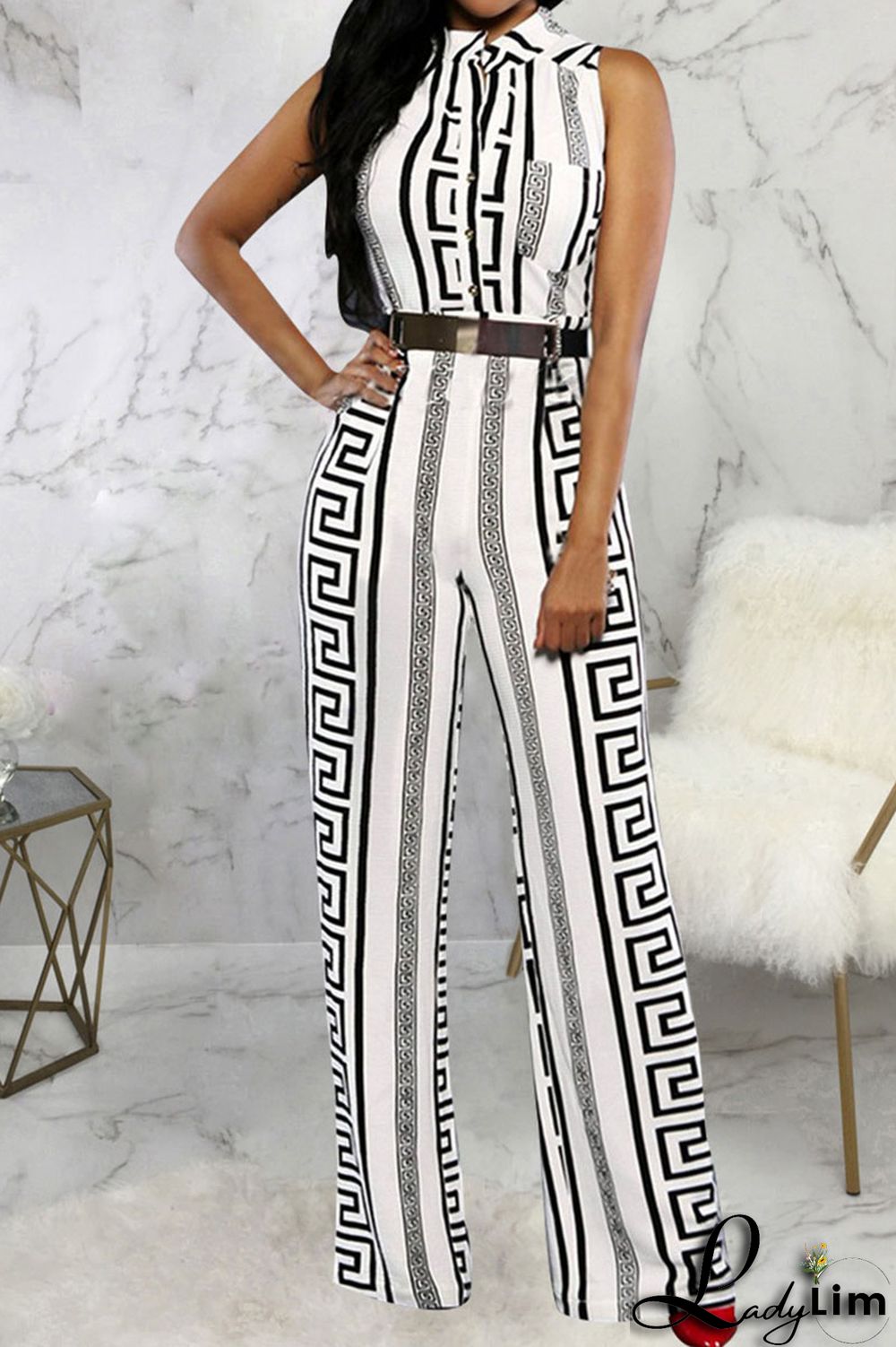 Black Yellow Casual Print Patchwork Buckle Mandarin Collar Straight Jumpsuits