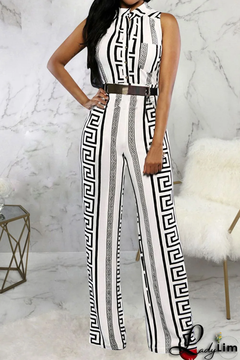 White Casual Print Patchwork Buckle Mandarin Collar Straight Jumpsuits