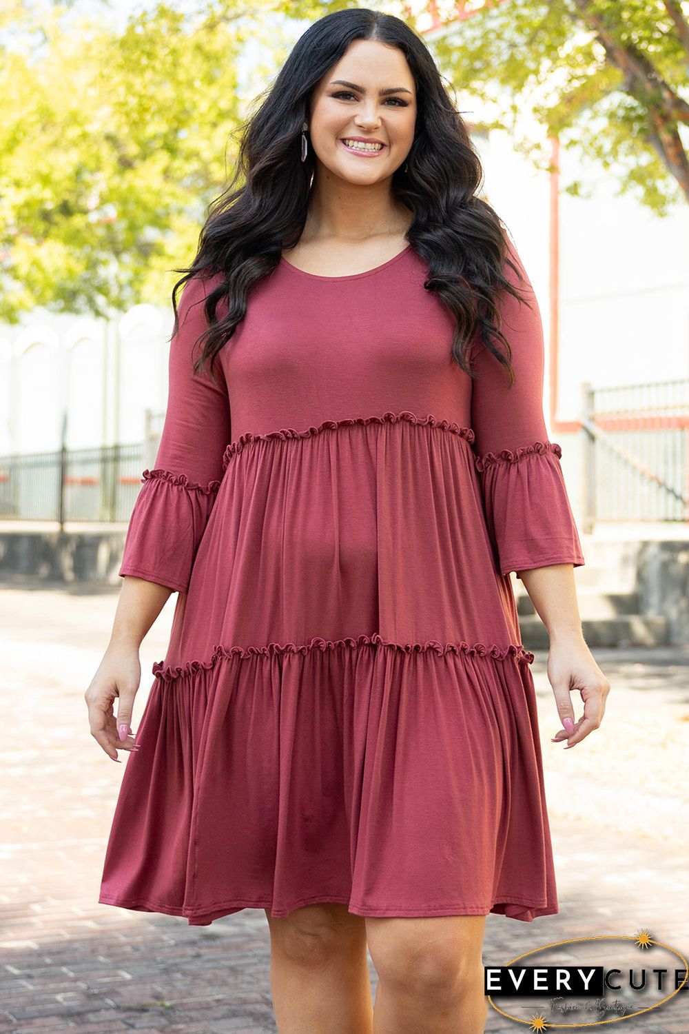 Red Tiered Ruffled 3/4 Sleeve Plus Size Dress