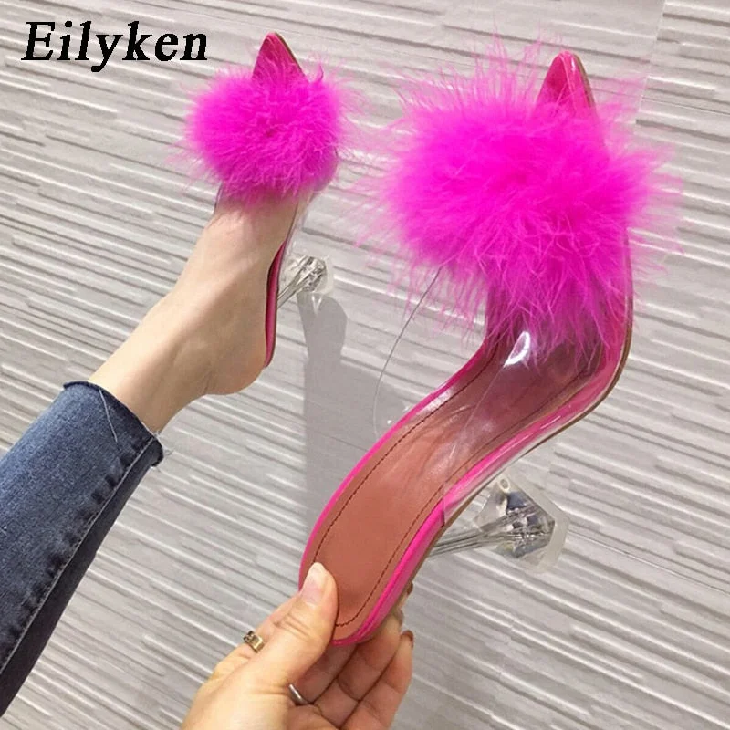 Eilyken 2021 New PVC shoes Woman Feather Transparent High heels Fur Pumps Slippers Women Peep toe Mules Lady Pumps Slides White