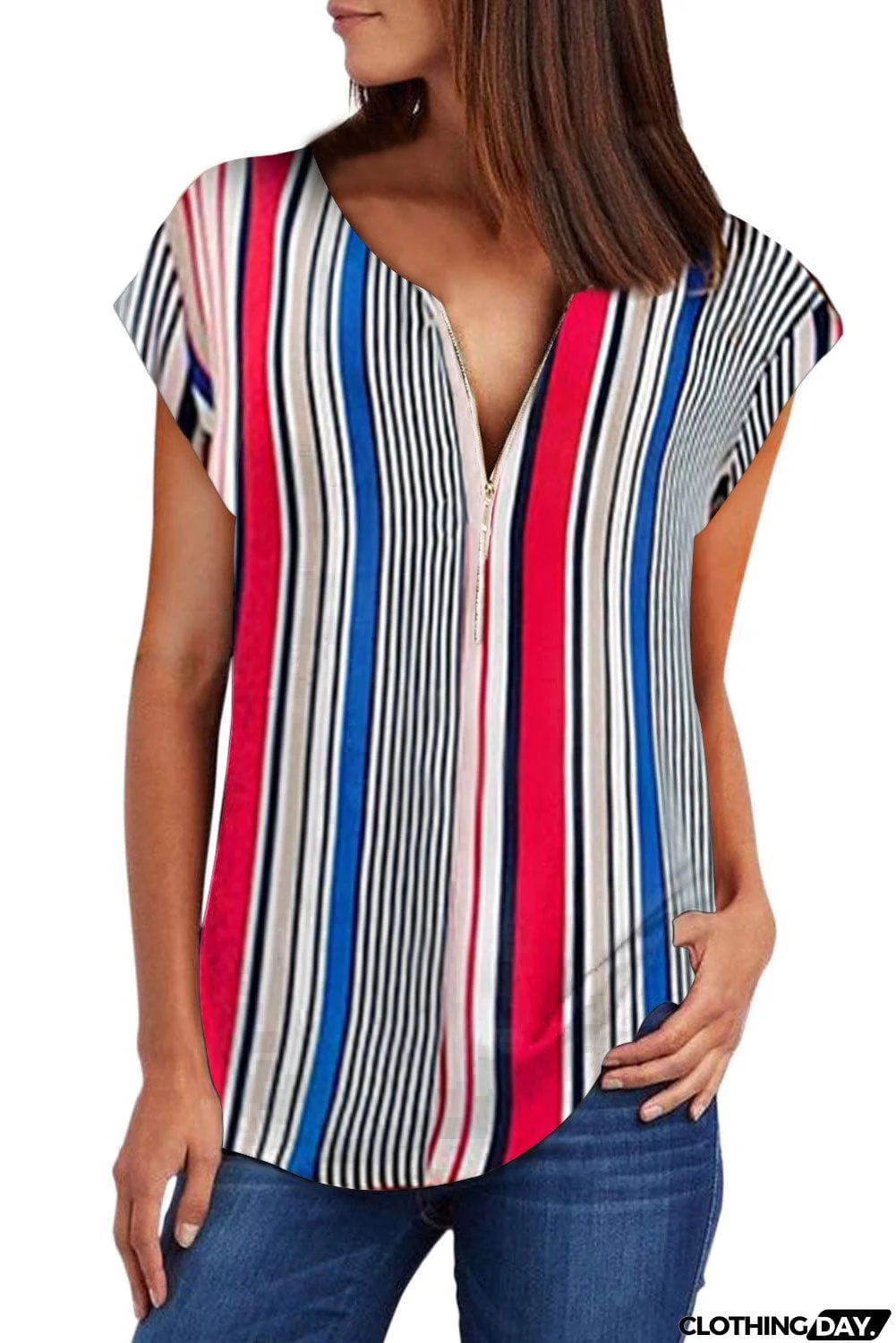 V Neck Stripes Roll up Short Sleeve Zip Up Blouse