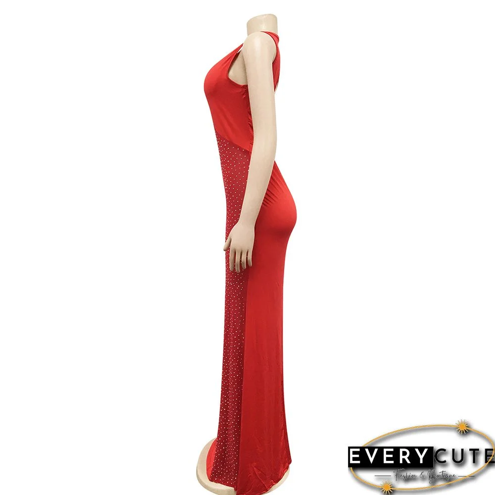 Red Rhinestones Mesh Sleeveless Maxi Dress