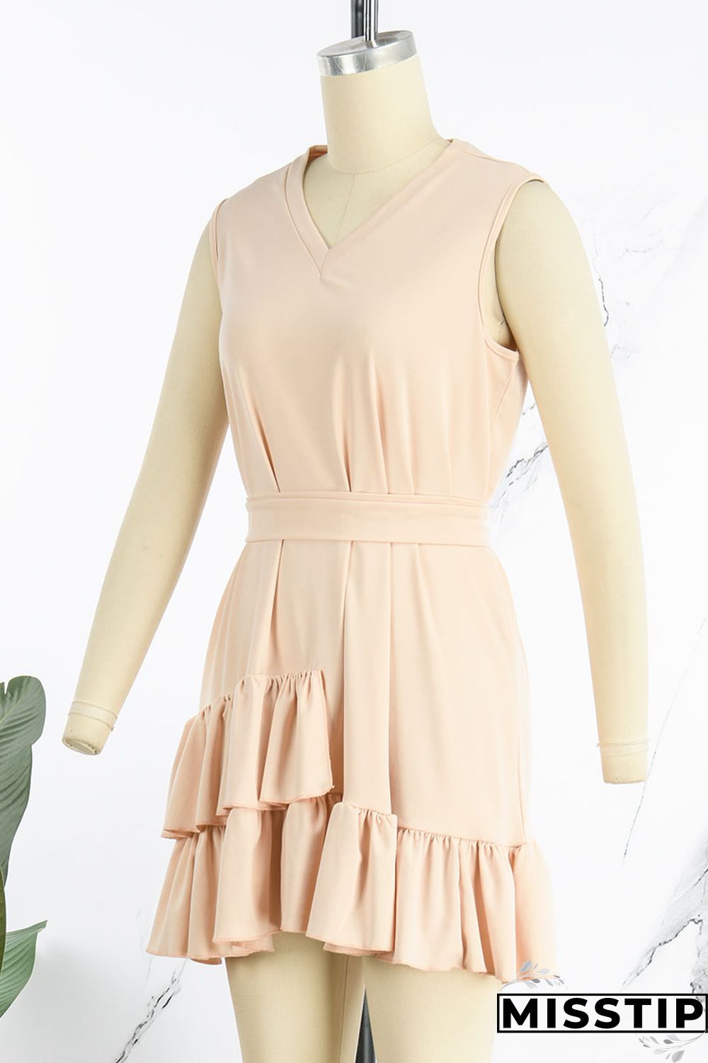 Orange Casual Sweet Solid Patchwork Flounce With Belt Asymmetrical V Neck A Line Dresses