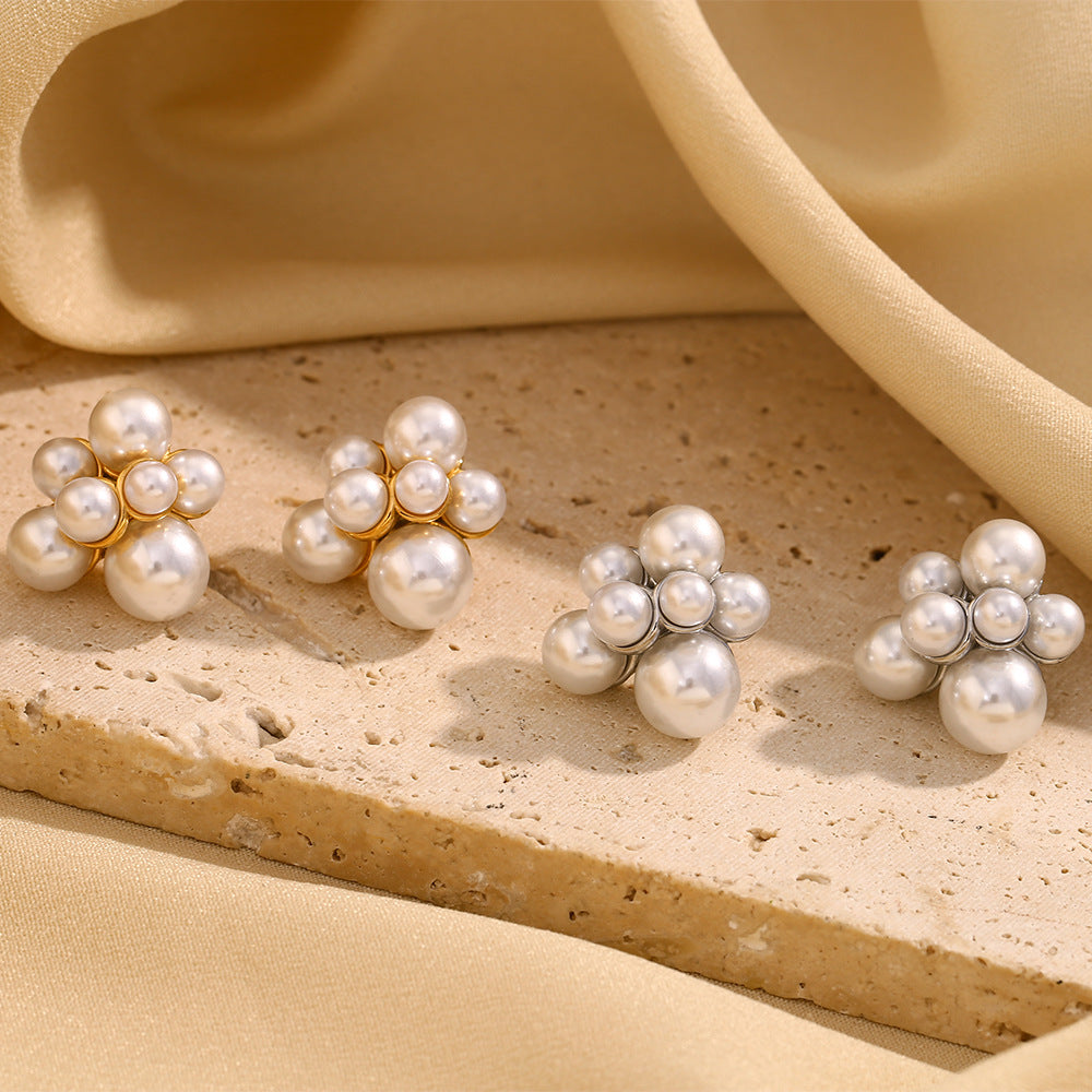 Small French Earrings 316L Stainless Steel Plated With 18K Gold Large And Small Pearl Grape Earrings