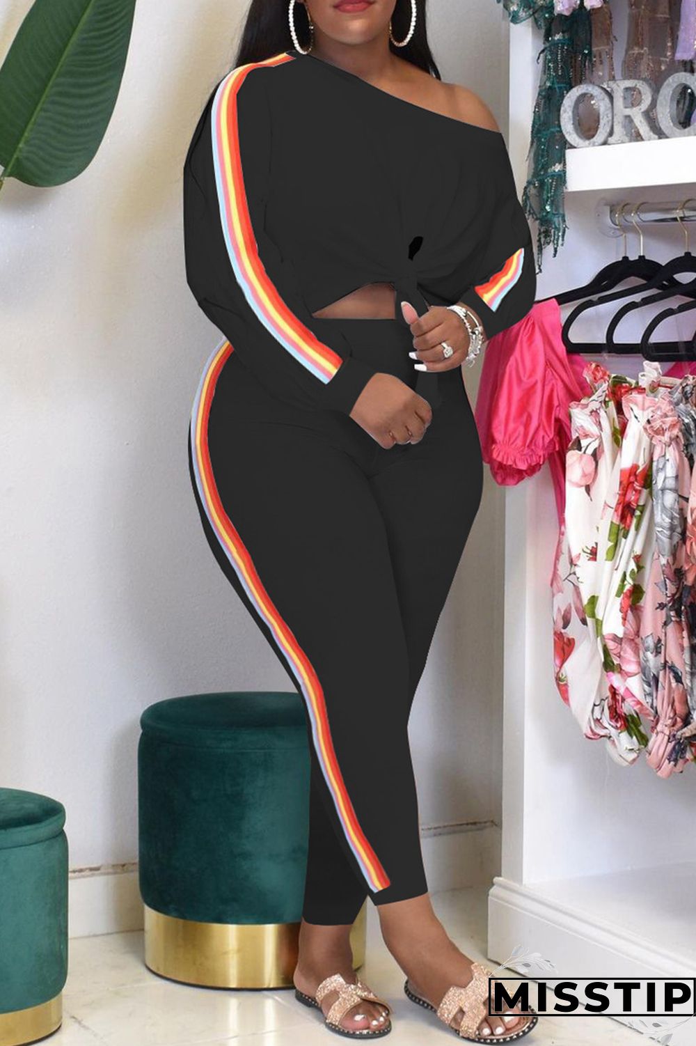 Black Fashion Casual Solid Bandage Patchwork Oblique Collar Plus Size Two Pieces