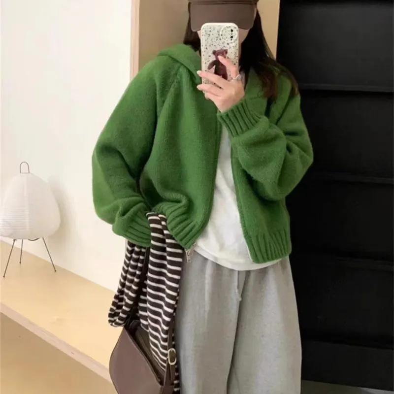 Churchf Churchf Style Multi-Color Hooded Double Zipper Knit Cardigan Women's New Short Hair Sweater Hoodie Autumn And Winter Small Coat