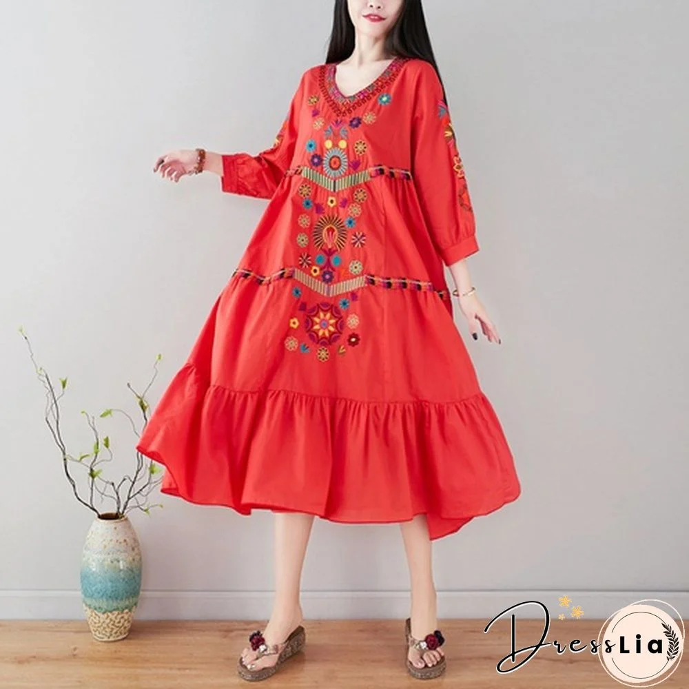 Women Dress Midi Linen Ethnic Floral Embroidery Tunic Beach Boho Holiday Hippie