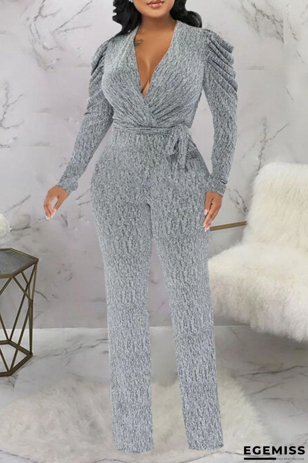 Silver Sexy Solid Bandage Patchwork V Neck Straight Jumpsuits | EGEMISS