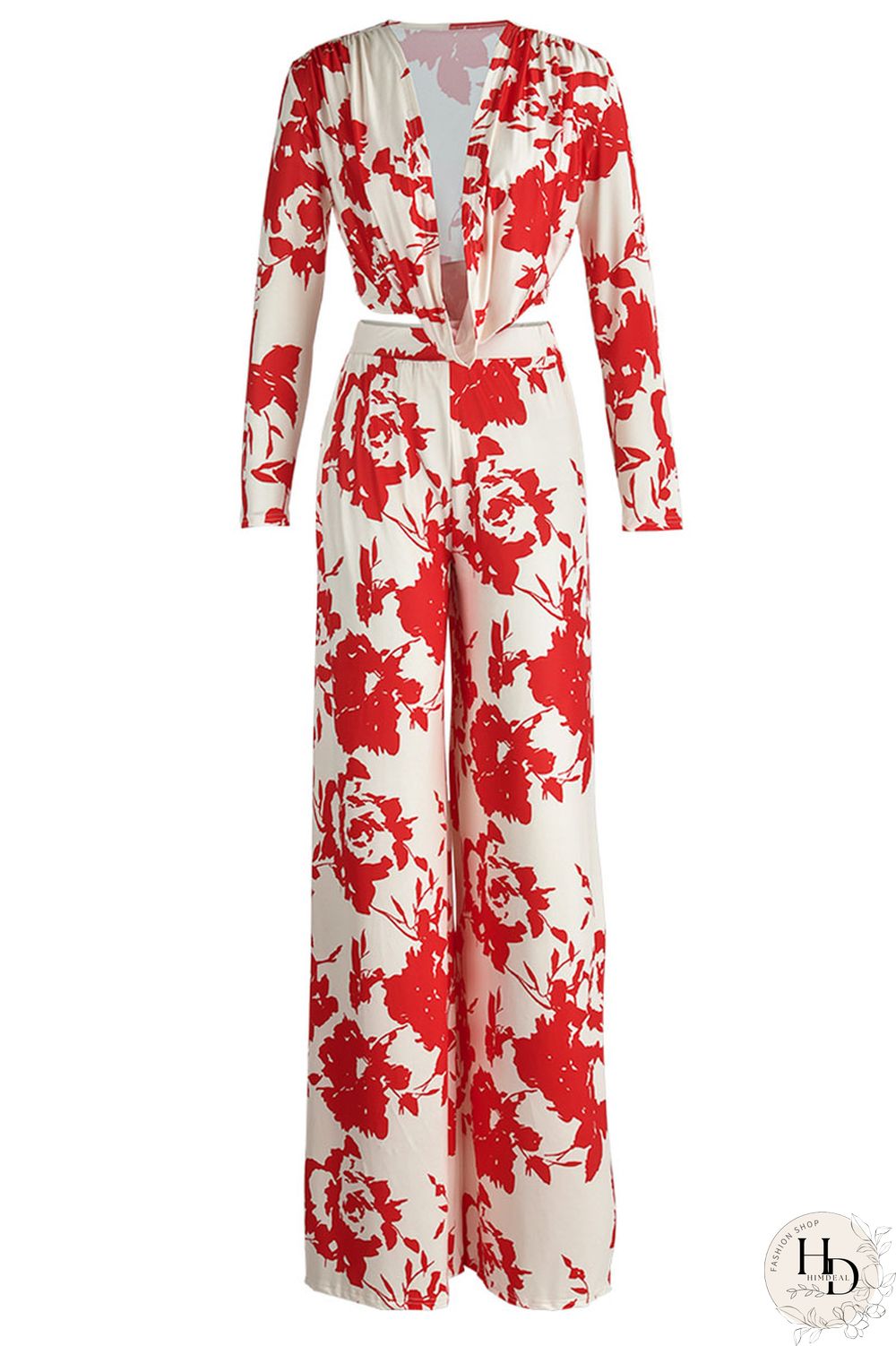 Red Casual Print Patchwork Oblique Collar Long Sleeve Two Pieces