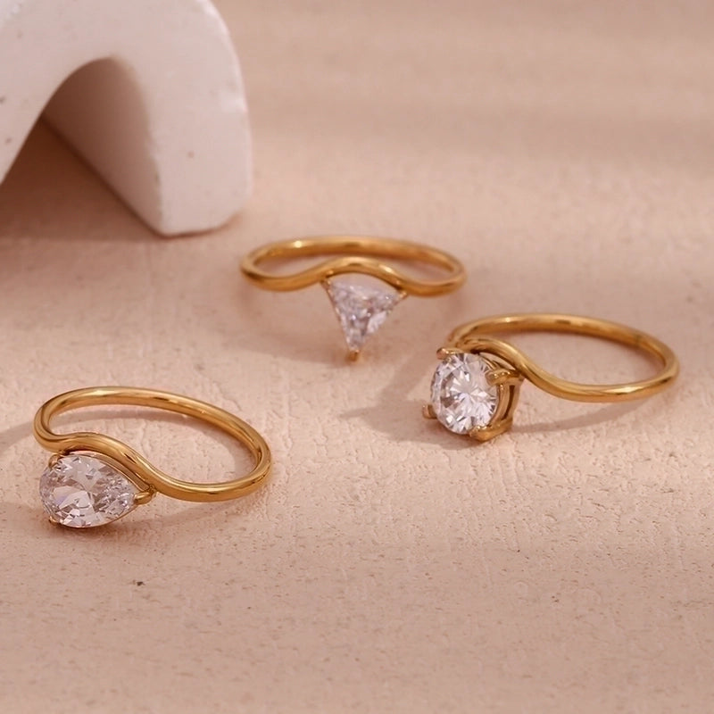 Minimalist Classic Style Triangle Round Water Droplets 304 Stainless Steel Zircon 18K Gold Plated Plating Inlay Rings