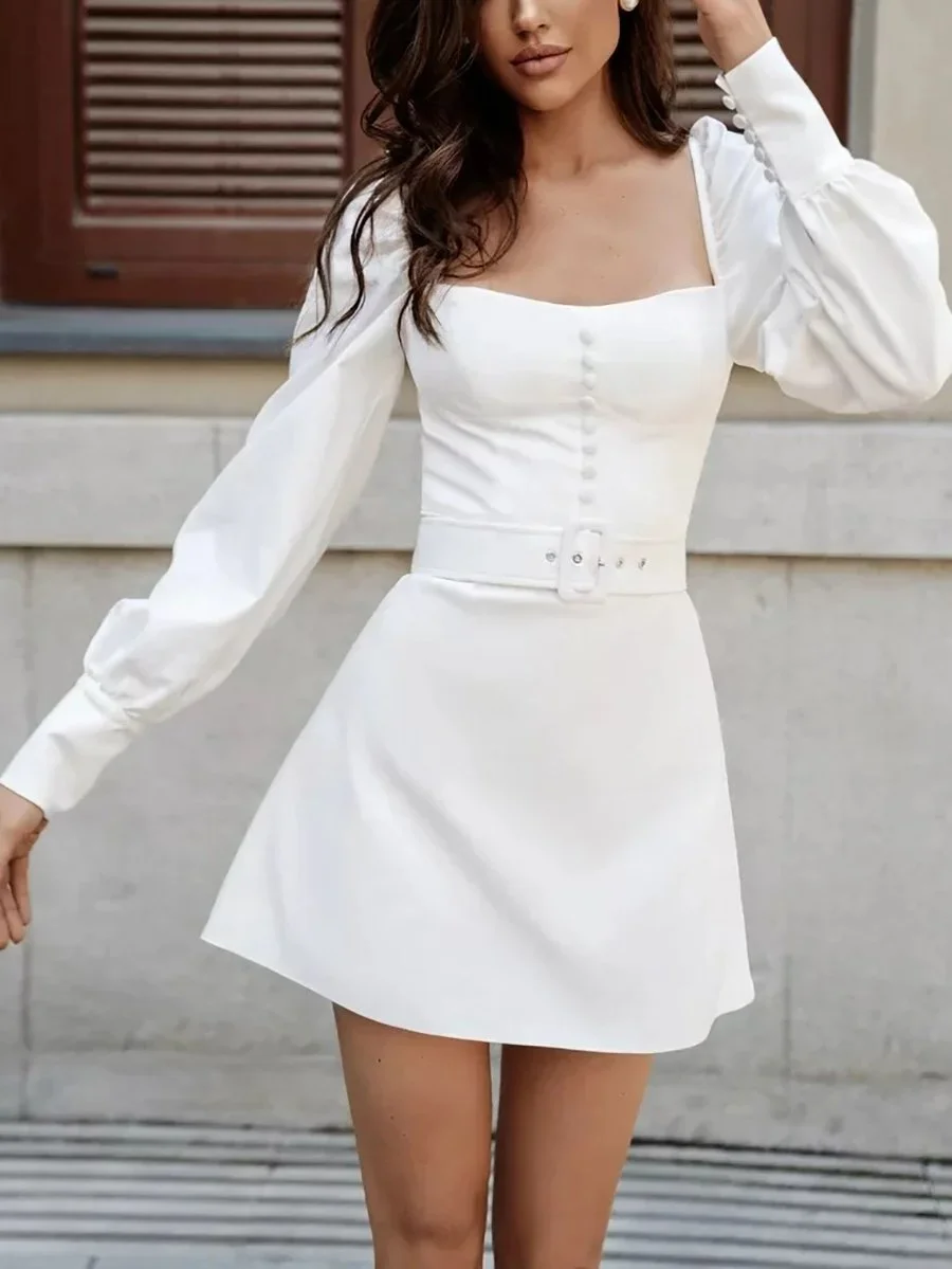 Pure color long-sleeved short dress