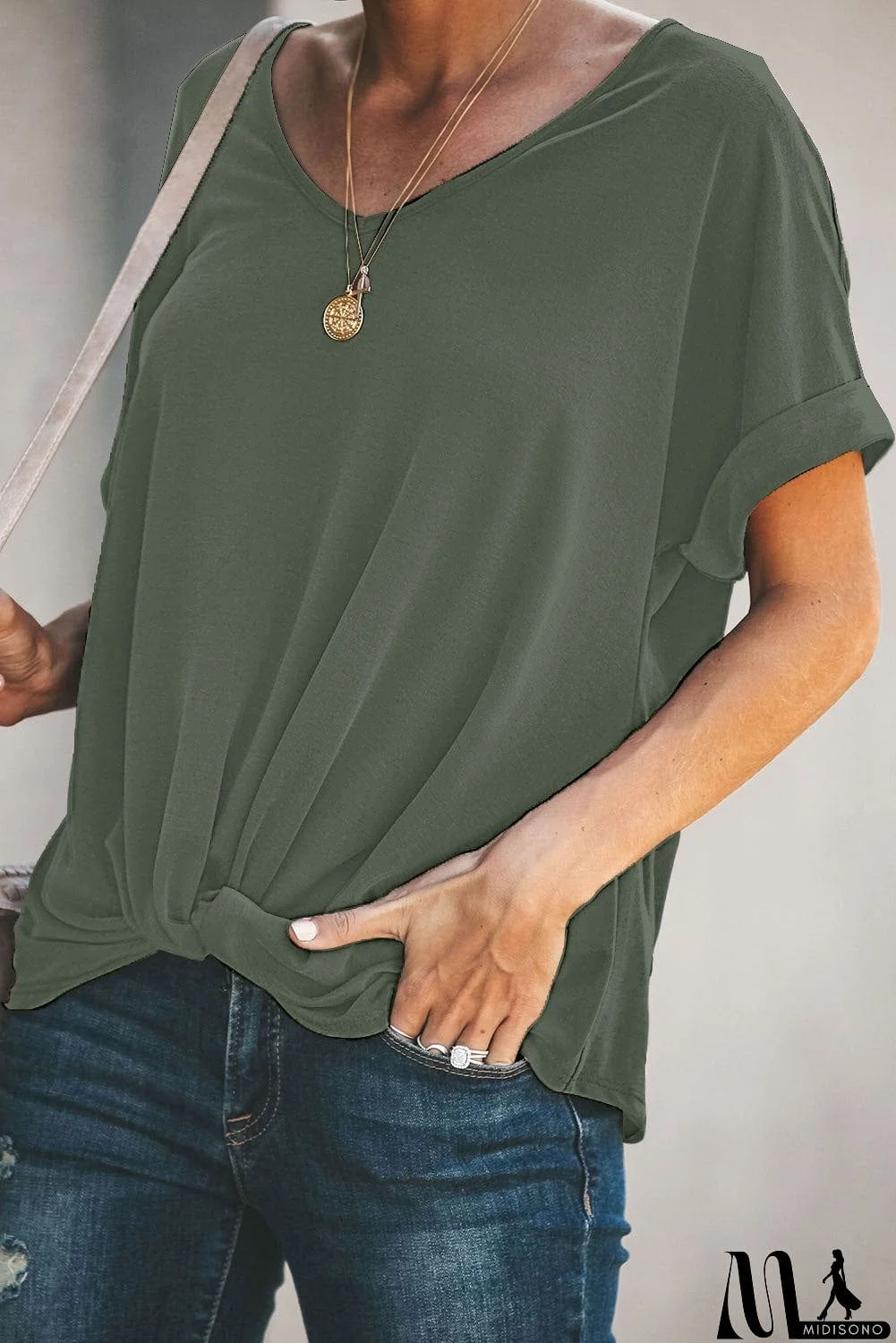 MidiSono - Plain Crew Neck Short Sleeve Twist Tee