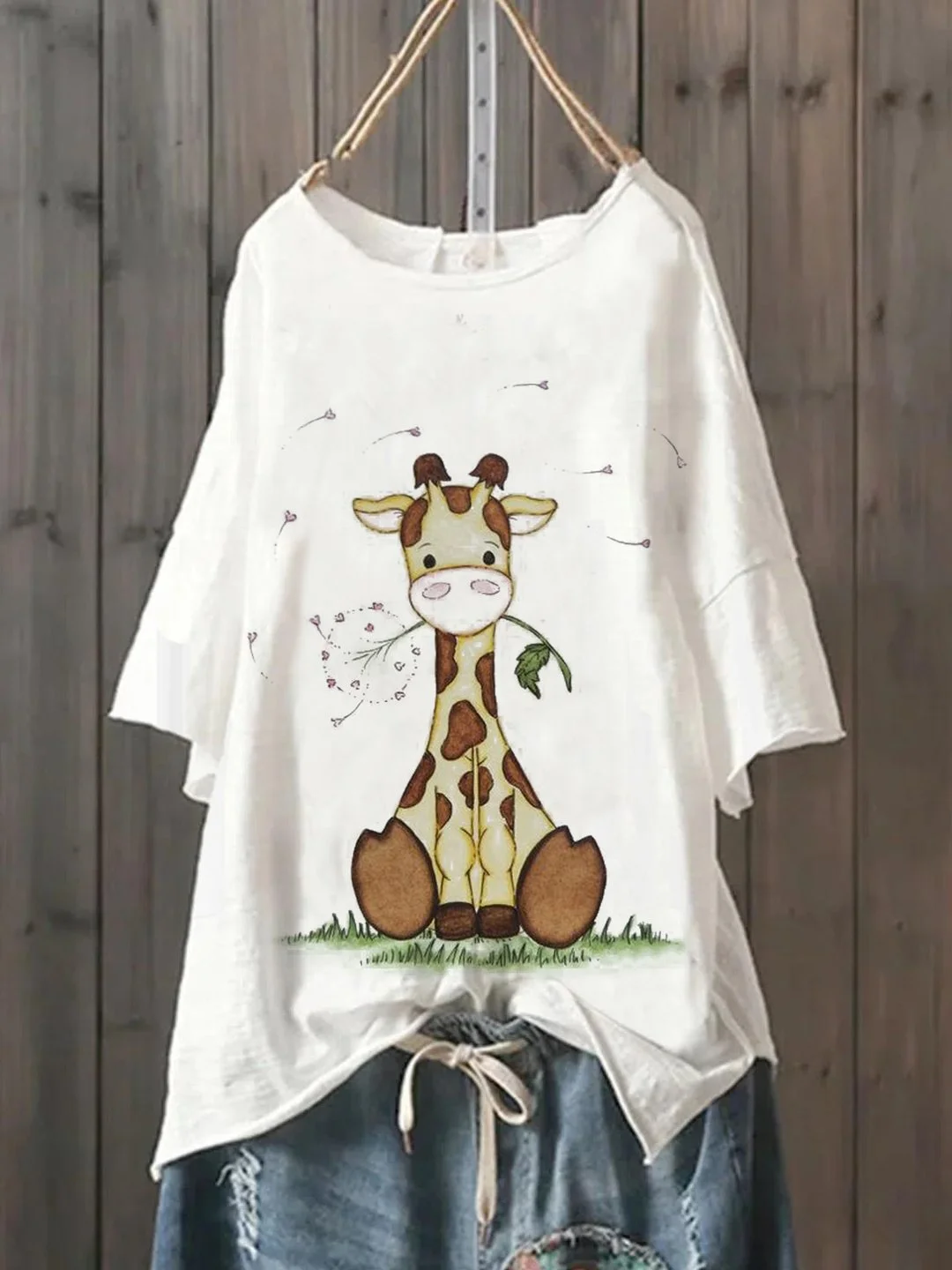 Casual Giraffe Print Cotton-Blend Shirts & Linen Tops