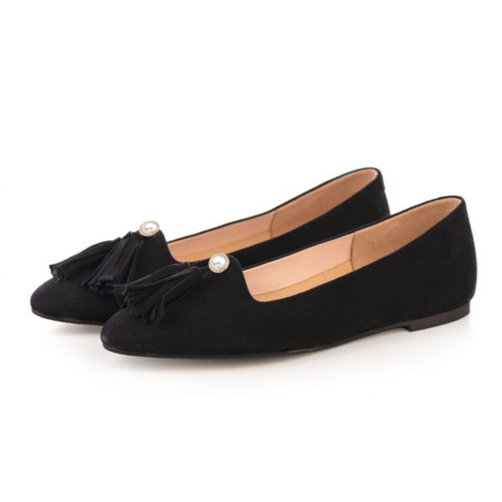 Full Black Suede Pointed Toe Flats With Pearl Tassel Decor Flats Nicepairs