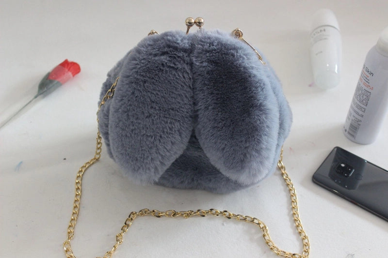 Women’s Plush Rabbit Solid Color Cute Round Lock Clasp Handbag Crossbody Bag