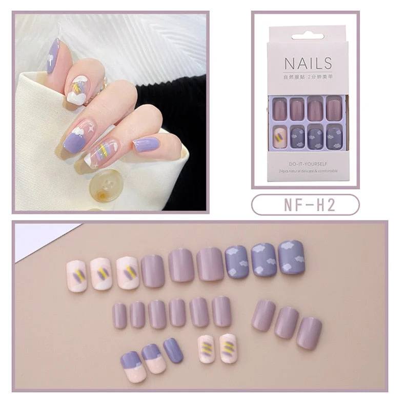 Fashion 24pc/set French Styel Press On False Nail Tips 10 Sizes Fake Nails Full Cover Nail Tips With Nail Adhesive Tab Sticker-Nail Inspo