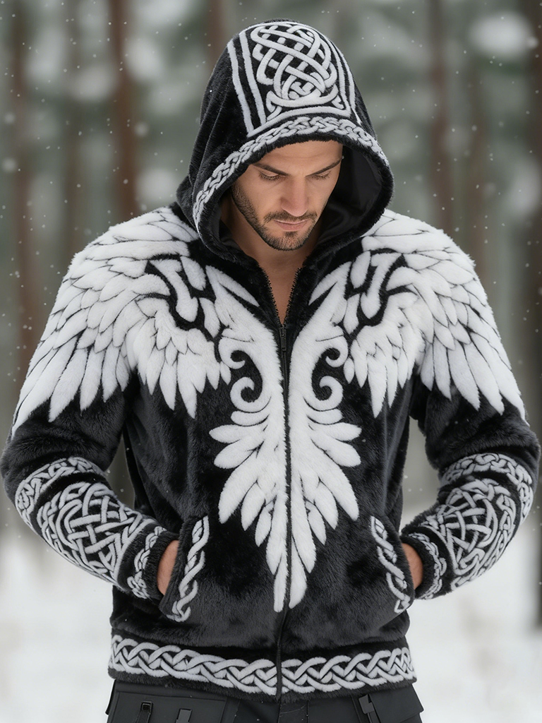 Men's Viking Tribal Jacquard Celtic With Wings Inspired Art Plush Warm Zipped Hooded Jacket elevenforest