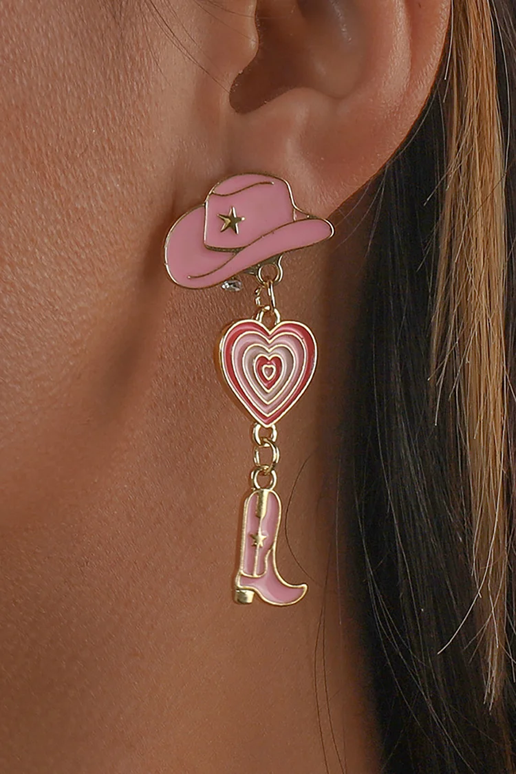 Cowboy Hat Heart Cowboy Boots Alloy Dangle Earrings-Pink