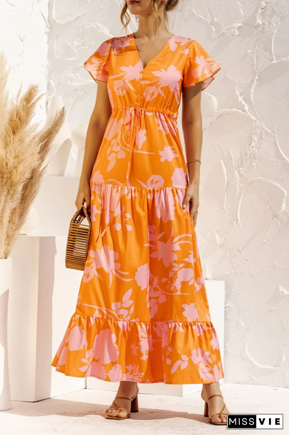 Casual Floral Bandage Buttons V Neck A Line Dresses
