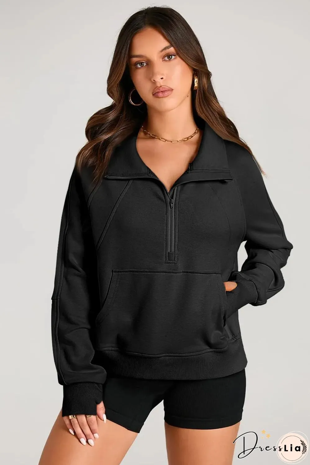 Black Quarter Zip Stand Neck Kangaroo Pocket Sweatshirt