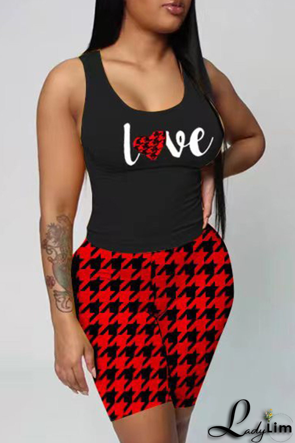 Red Casual Print Patchwork Letter U Neck Sleeveless Two Pieces