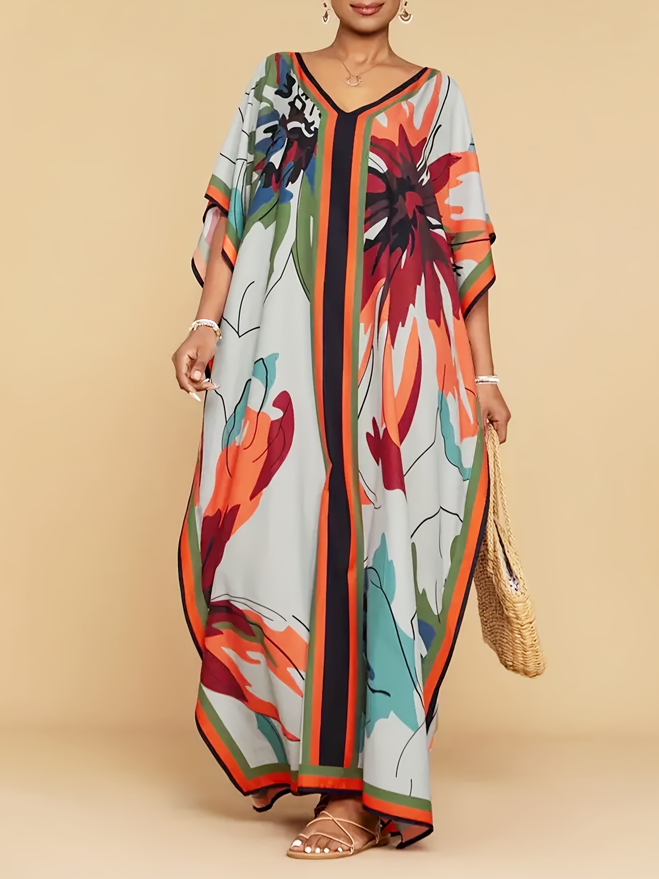 Polyester 95% Elastane 5% V-Neck Beach Cover-Up Kaftan - Geometric-Pattern, Side Split, All-Season Loose Fit, Middle East Exclusive | IFYHOME