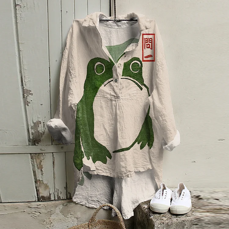 Vintage Frog Japanese Lino Art Painting Print Long Sleeve Tunic
