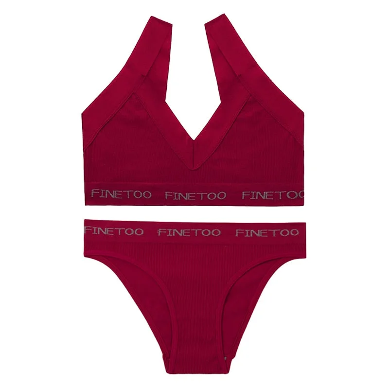 FINETOO Seamless Bra Set Women Deep V Tops Fashion Letter Panties M-XL Ladies Underwear Suit Tube Top Female Briefs Lingerie Set