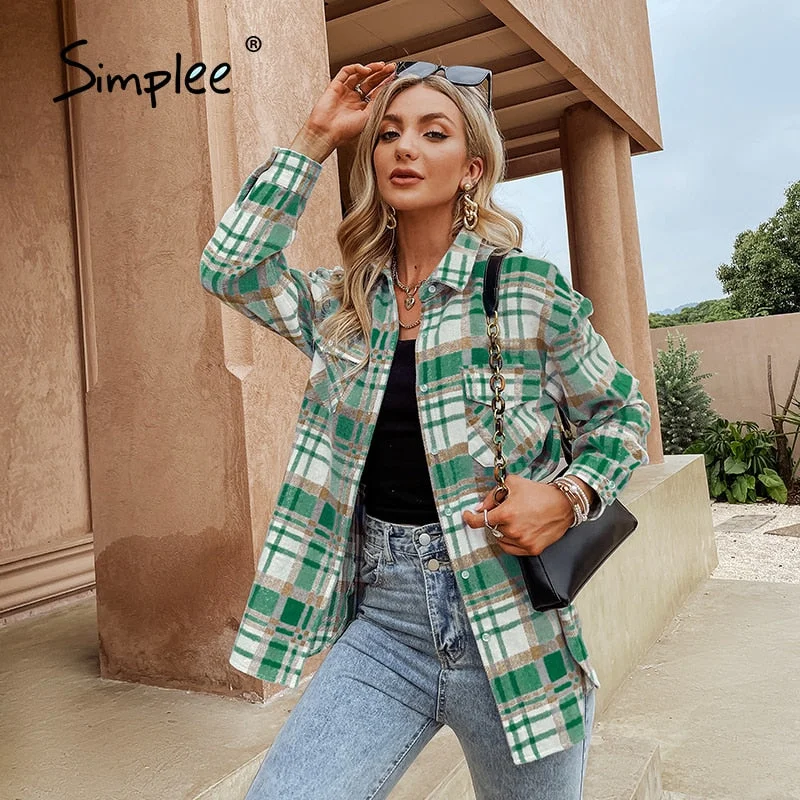 Simplee Autumn Winter Casual Women Polo Shirts Lapel Geometric Pattern Pocket Ladies Shirt Female long sleeve fashion coats 2021