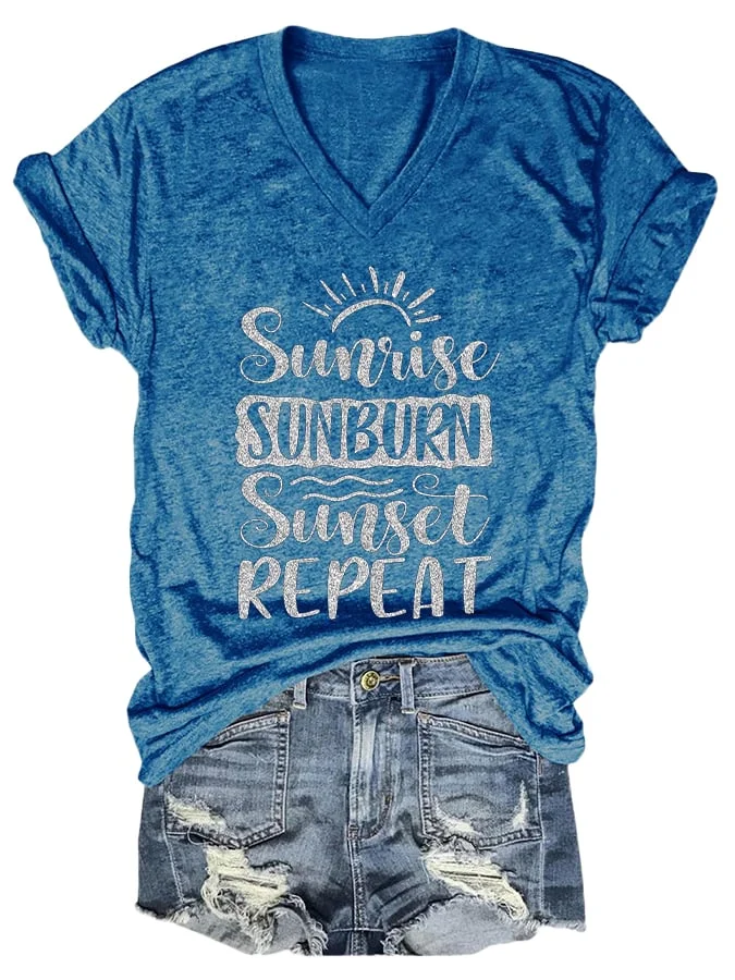 V-neck Beach Sunrise Sunburn Sunset Repeat Print T-Shirt