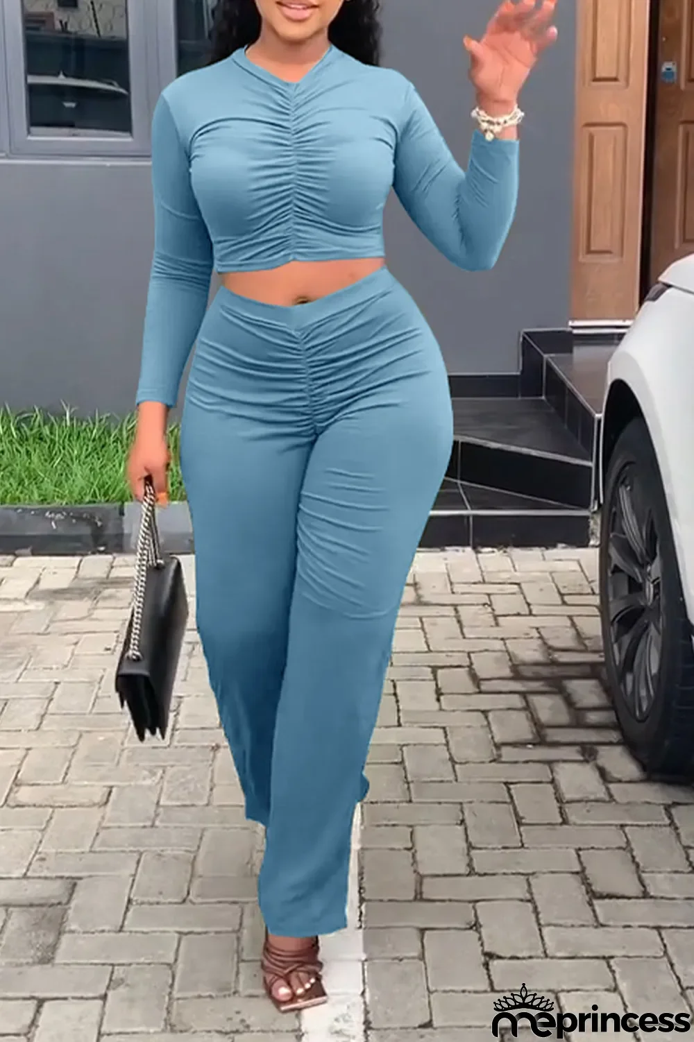 Orange Fashion Solid Fold V Neck Long Sleeve Two Pieces