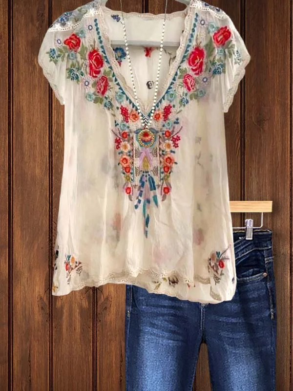 Vintage Casual Floral Embroidered V-Neck Top